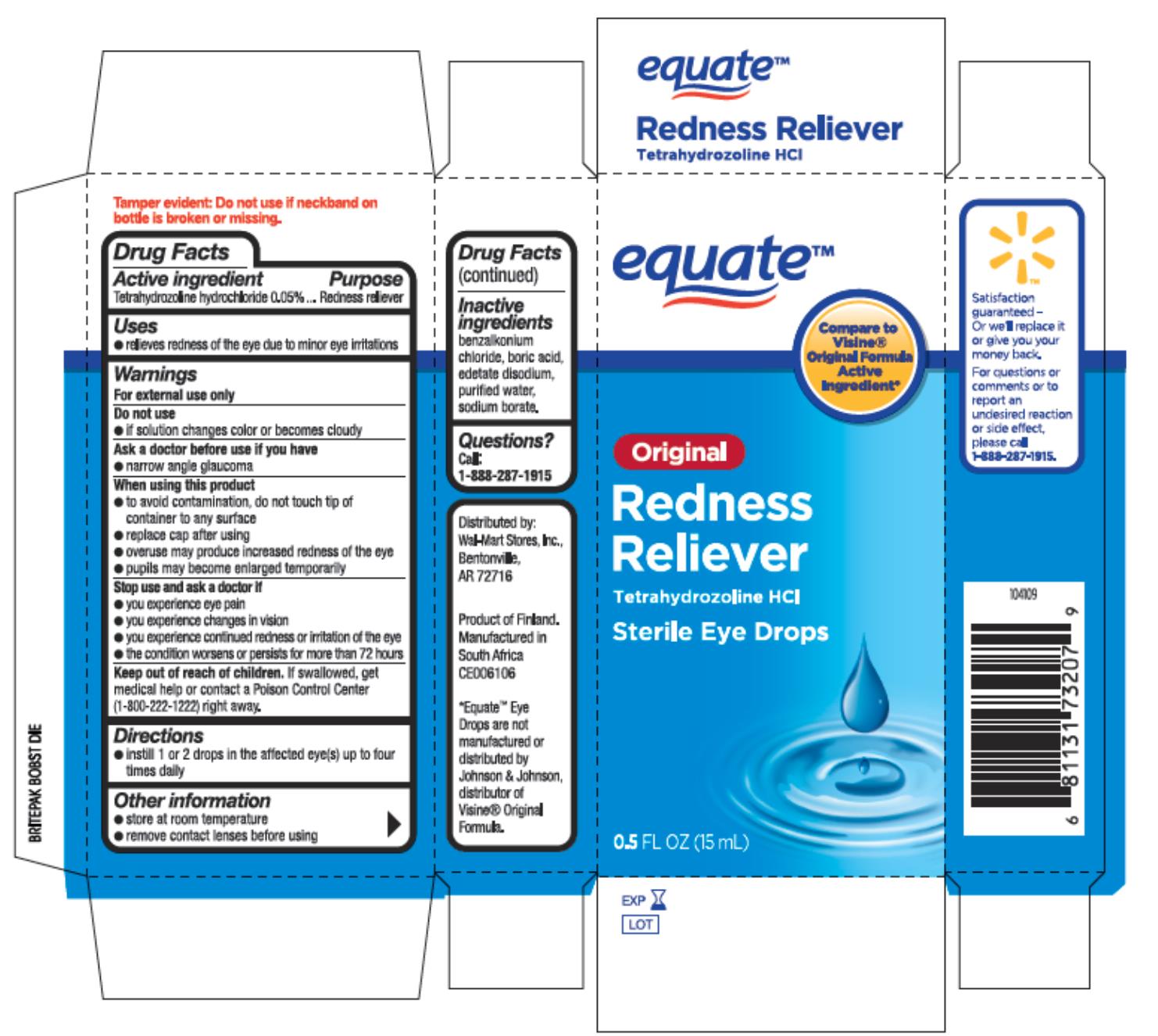 Equate Redness Relief eye drops tetrahydrozoline HCl