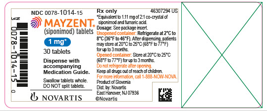 PRINCIPAL DISPLAY PANEL
								NDC 0078-1014-15
								Rx only
								MAYZENT®
								(siponimod) tablets
								1 mg*
								30 tablets
								Dispense with accompanying Medication Guide.
								Swallow tablets whole. DO NOT split tablets.
								NOVARTIS
							
