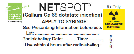 PRINCIPAL DISPLAY PANEL
									NETSPOT®
									(Gallium Ga 68 dotatate injection)
									APPLY TO SYRINGE
									See Prescribing Information before use.
									Rx Only
							